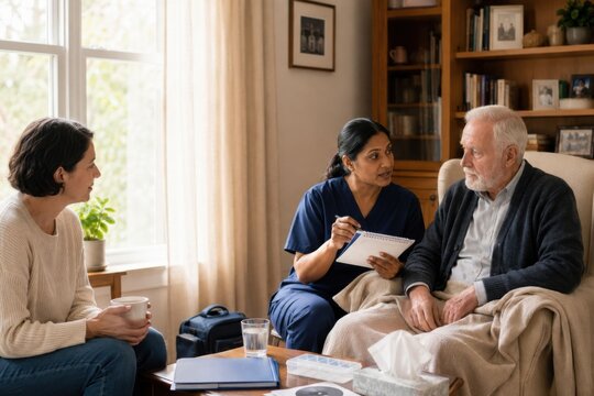home palliative care visit shows a patient with advanced cancer seated by the window with a nurse and loved one nearby, emphasizing comfort, symptom relief and dignity at home