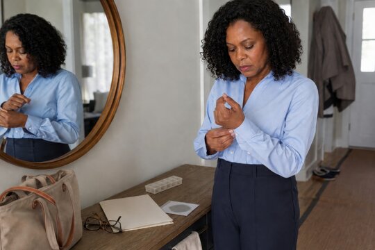 woman with chemotherapy induced neuropathy struggles to fasten small shirt buttons before leaving home, illustrating reduced finger sensitivity and everyday adaptation after cancer treatment
