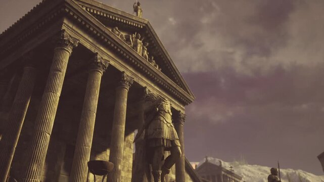 Dramatic lowangle view of Carthage temple, towering columns and pediment under stormy sky, monumental silhouette, moody lighting, epic atmosphere