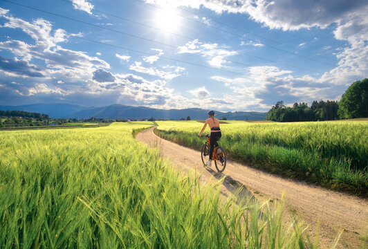Woman riding mountain bike on dirt road through green wheat fields at sunset in Slovenia. Female cyclist cycling in countryside landscape and sunny sky. Summer outdoor activity, fitness. Girl on bike