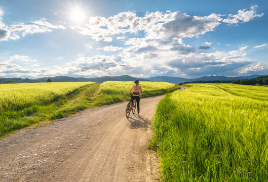 Woman riding mountain bike on dirt road through green wheat fields at sunset in Slovenia. Female cyclist cycling in countryside landscape and sunny sky. Summer outdoor activity, fitness. Girl on bike