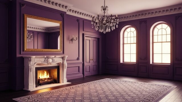 Elegant purple living room with fireplace and chandelier.