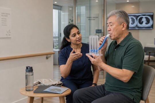 older man practices breathing exercises with a rehabilitation therapist after lung cancer surgery, rebuilding respiratory strength and endurance during recovery
