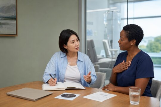 oncology nurse calmly discusses biopsy follow-up with an asian woman wearing a small chest dressing, documenting concerns and next steps during a supportive clinic consultation