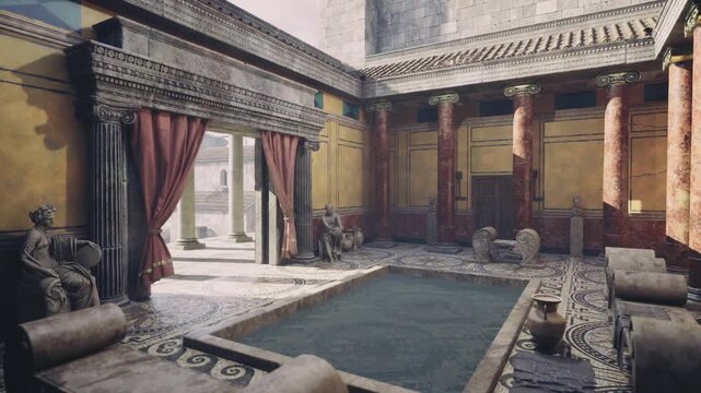 Sunlit atrium pool surrounded by columns and draped entry, carved statues and tiled edges framing quiet reflective water, tactile mosaics and ornate capitals