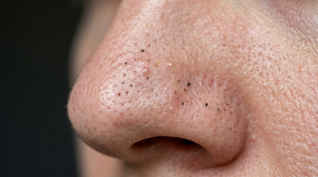 Close-up of human nose skin texture showing blackheads and enlarged pores on skin