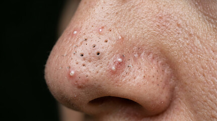 Fototapeta premium Detailed Close Up of Human Nose Skin Texture Showing Acne Breakouts and Enlarged Pores