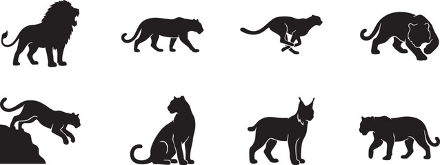 Wild big cats and safari predators black silhouette vector icon set featuring lion leopard cheetah and tiger © Raju