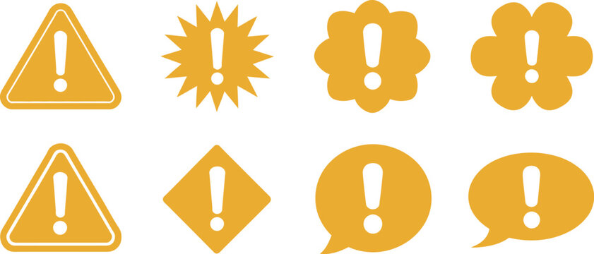 Alert notification icon set, vector collection featuring exclamation mark chat bubbles, warning message symbols, caution triangles, safety alerts, notification badges, and emergency icons ideal