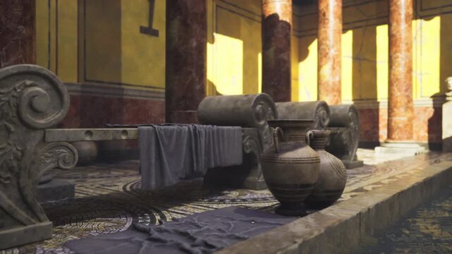 Quiet impluvium pool with amphorae and reflected columns, rippled shadow patterns on stone, cool atmosphere invites slow reflection and wellness imagery