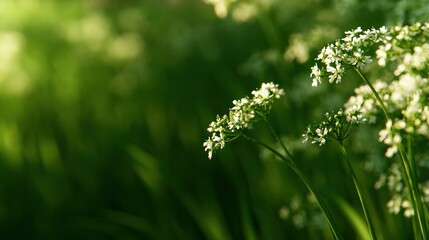 Fototapeta premium Soft-focus white flowers bask in golden light, surrounded by vibrant green foliage and blurred backdrop