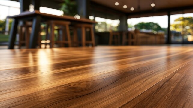 Sleek interior with polished wooden floors and bar stools under warm lighting, hinting at comfort