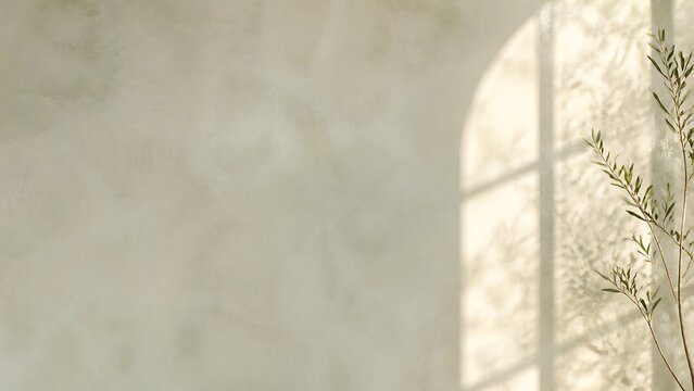 Limewash plaster wall with arched window shadow