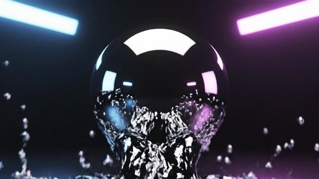 Abstract 3D render of liquid chrome droplets merging in mid-air against a black background with pink and blue neon light reflections on metallic spherical surfaces.