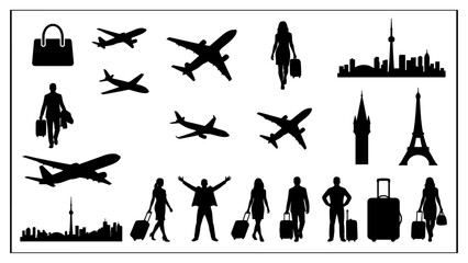 Obraz premium Travelers and airplanes are displayed as a collection of black silhouettes on a white background.
