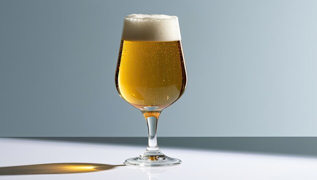 A tall glass of golden ale with a frothy white head on a white surface