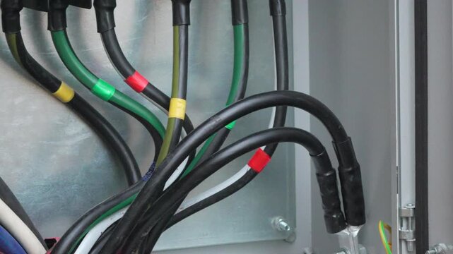 Electrical wiring cables, industrial control cabinet detail for power and distribution infrastructure connections.
