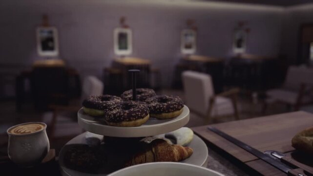 Styled donut tower on wooden table, shallow depth of field, moody tones, latte art visible, props like napkin and knife, editorial food photography vibe,