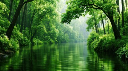 Fototapeta premium Lush green forest with serene river flowing softly under arching trees and dappled sunlight filtering through