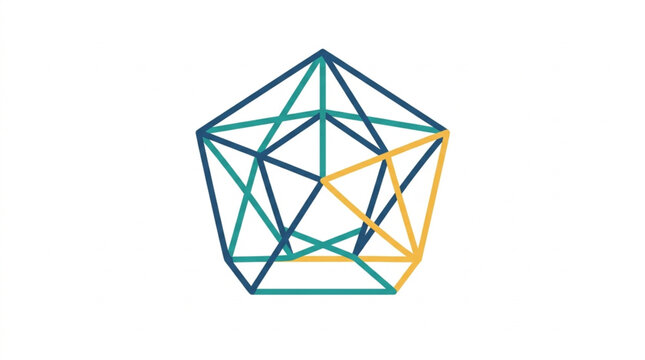 Geometric pentagon wireframe design with colorful lines.