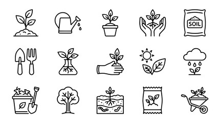 Fototapeta premium Gardening icons, plant symbols, garden tools, landscaping illustrations, 20 black line art graphics