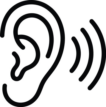 Minimalist black vector graphic illustration of a human ear icon representing sound and listening concepts