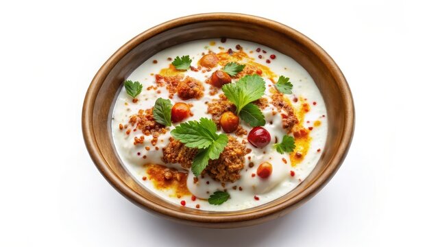 Top view of dahi bhalla in bowl on white background