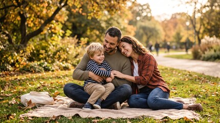 Fototapeta premium Family sitting on blanket under trees