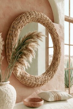 Round rattan frame mirror with pampas grass displayed on a warm terracotta wall, featuring a cozy interior with natural light and soft furnishings