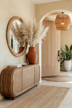 Boho hallway featuring warm mustard yellow limewash wall, rattan console table, round mirror, and decorative vase with pampas grass in a stylish entryway