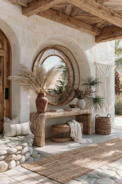 Boho entryway featuring warm ochre limewash walls, rattan furniture, a large mirror, and decorative plants, creating a stylish and inviting atmosphere