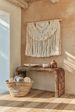 Boho entryway featuring warm terracotta limewash walls, a macrame wall hanging, a woven basket, and a rattan console table with decorative items
