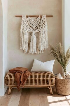 Boho entryway corner featuring a woven rattan bench with a folded blanket, decorative macrame wall hanging, and a potted plant in a natural setting