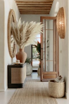 Boho hallway featuring warm mustard yellow limewash walls, a large vase with pampas grass, and natural textures in a stylish interior setting