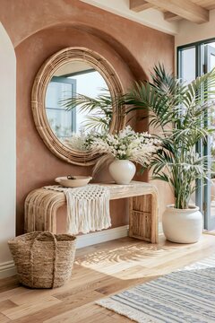 Boho entryway featuring warm rust orange limewash walls, a round mirror, rattan console table, potted plants, and decorative elements in a stylish interior setting