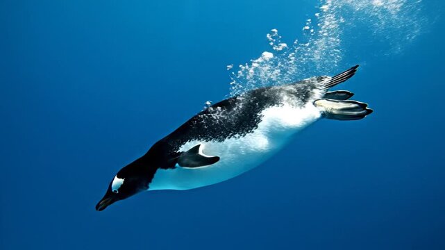Gentoo penguin diving into clear blue ocean water with distinct white bubble trails streaming from its feathers while swimming downwards beneath the surface in natural marine habitat.