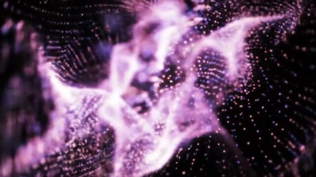 Abstract visualization of artificial intelligence data stream featuring glowing purple particles and waves moving through a digital space on a black background with depth of field.