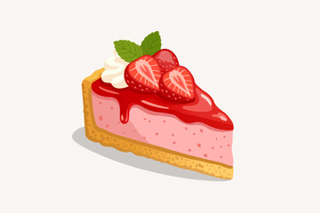 Pink Strawberry Cheesecake Slice with Glaze and Mint Leaf Vector Illustration © Akasha Design