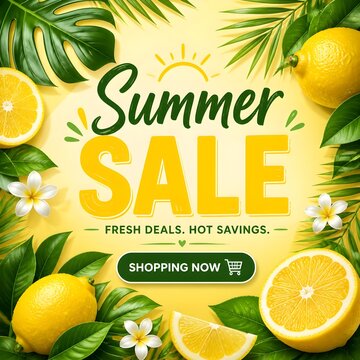 Yellow lemon and tropical leaves with "Summer Sale" text and "Shopping Now" button, symbolizing summer deals and freshness, ideal for marketing..