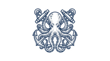 A vintage engraving depicts an octopus surrounded by anchors and crossed harpoons on ocean waves in a classic tattoo style. © arjunaa.art