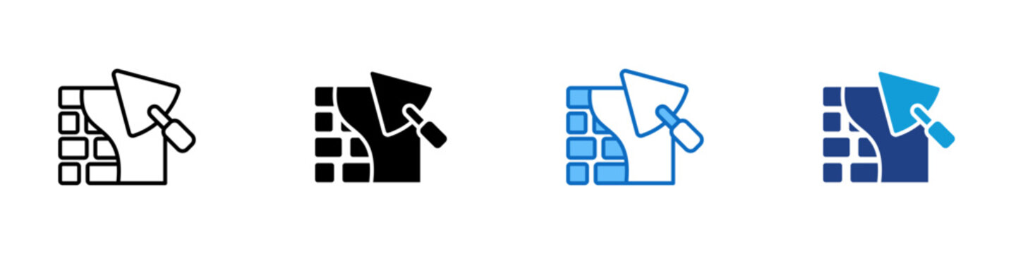 Bricklaying Masonry Multiple Style Icon Design Vector - Brick wall with masonry trowel representing bricklaying construction, mortar wall building, and contractor renovation trade services