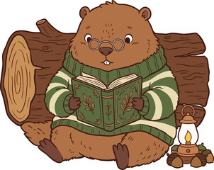 A cartoon beaver wearing glasses and a green sweater reading a book sitting