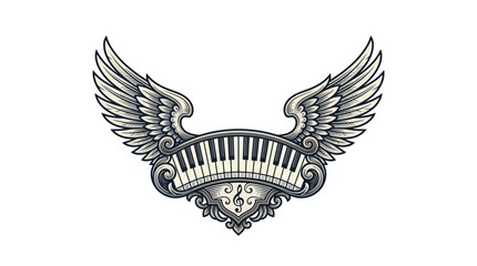 Vintage engraved emblem of piano keyboard with floral vines and wings on solid background in classic tattoo style © arjunaa.art