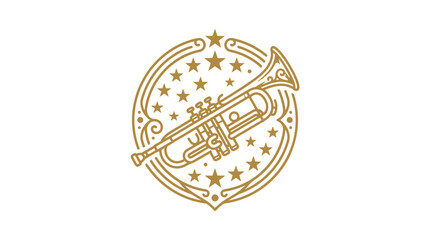 Vintage-engraved emblem features a trumpet with wings and stars in a classic design on a solid background in a tattoo style © arjunaa.art
