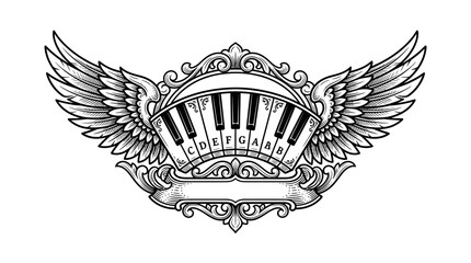 Vintage engraved emblem of trumpet with stars and piano keyboard on brass gold line art isolated classic tattoo style © arjunaa.art