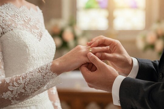 Brautpaar tauscht Eheringe bei der Hochzeit, intime Nahaufnahme