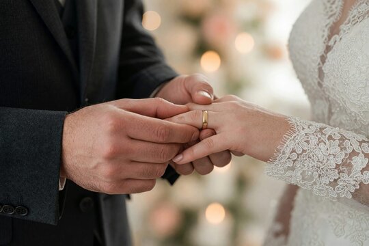 Brautpaar tauscht Eheringe bei der Hochzeit, intime Nahaufnahme
