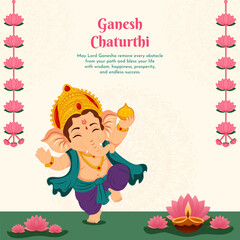 Fototapeta premium Happy Ganesha Chaturthi Lord ganesha cute cartoon character with beautiful background design vector illustration.
