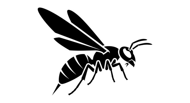 A black silhouette of a wasp in flight, with its wings spread and antennae visible.