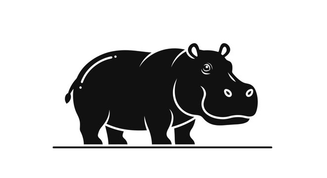 Black silhouette of a hippopotamus standing on a line, simple graphic illustration on a white background.